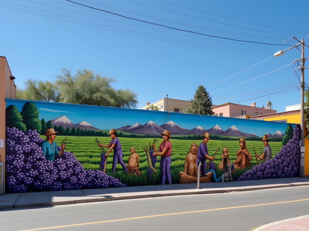 Colorful mural depicting wine harvest traditions in Mendoza's Alameda district