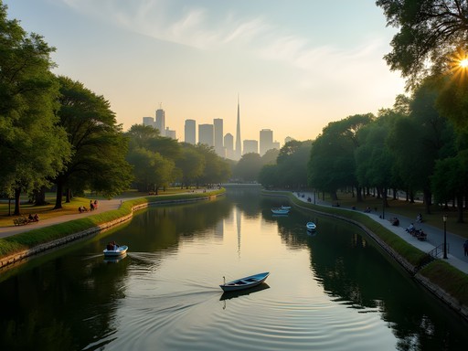 Tranquil lake view in Chapultepec Park Mexico City with rowboats