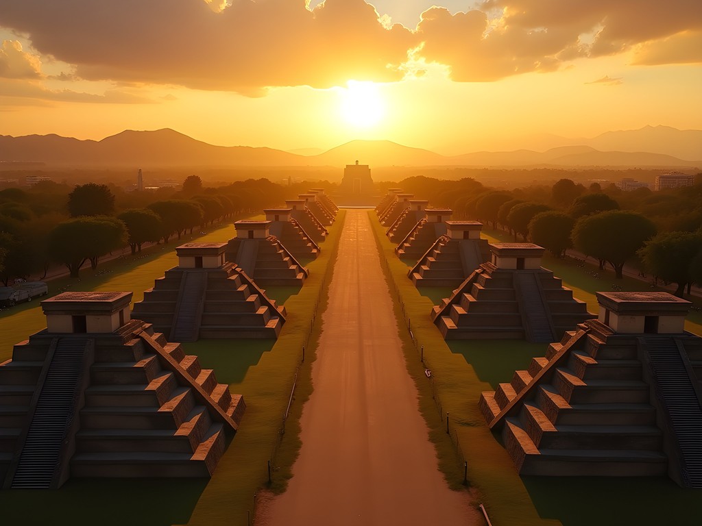 Avenue of the Dead at Teotihuacan during sunset showing astronomical alignment