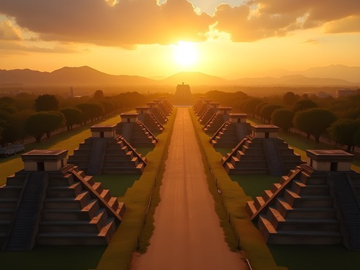 Avenue of the Dead at Teotihuacan during sunset showing astronomical alignment