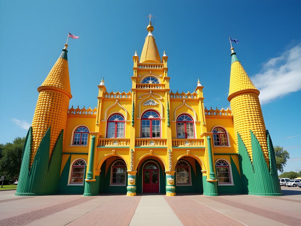 The ornate corn-decorated exterior of the Mitchell Corn Palace in South Dakota
