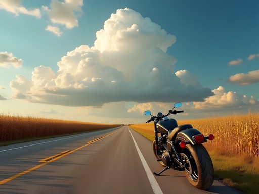 Motorcycle on empty country road near Mitchell with corn fields and blue sky