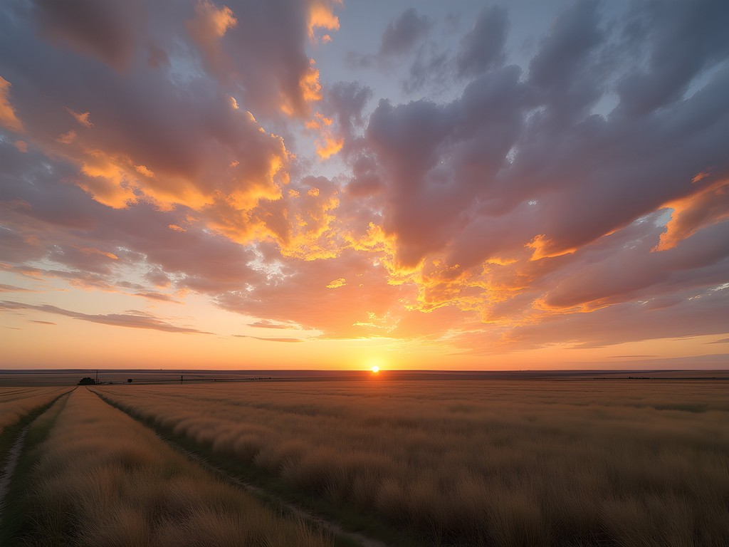 Golden hour sunset over South Dakota prairie landscape near Mitchell