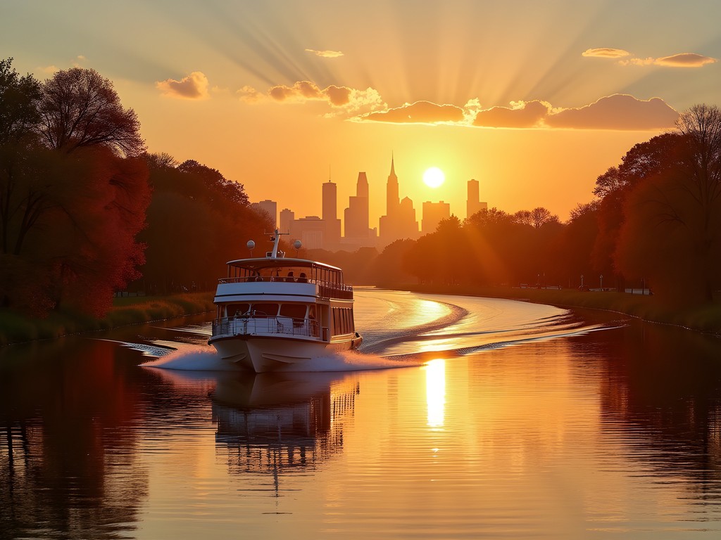 Sunset view from riverboat on Alabama River with Montgomery skyline