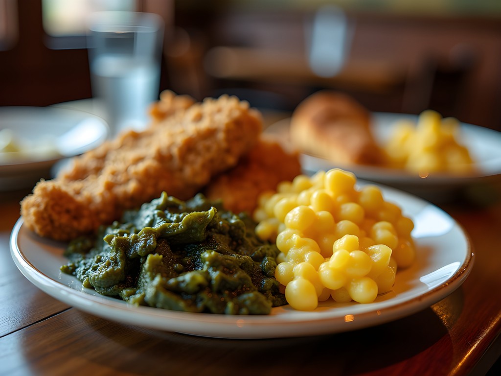 Classic Southern comfort food plate with fried chicken, collard greens and cornbread in Montgomery restaurant