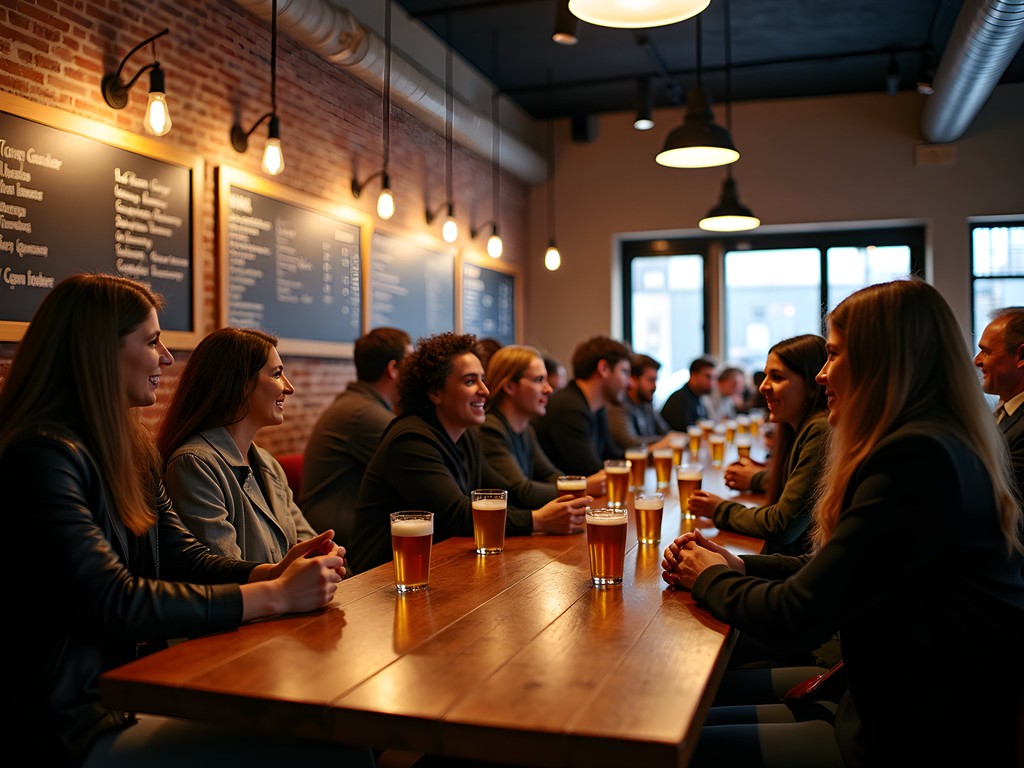 Interior of a Montreal craft brewery with communal tables