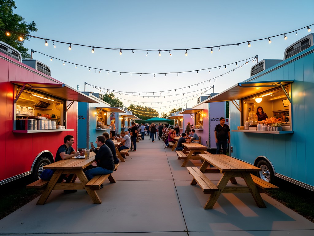 Colorful food truck collective at The Boxcar in Moore with outdoor seating area