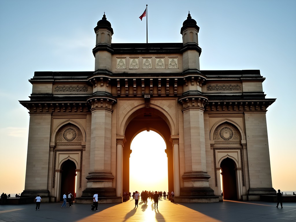 Gateway of India at sunrise with geometric shadow patterns