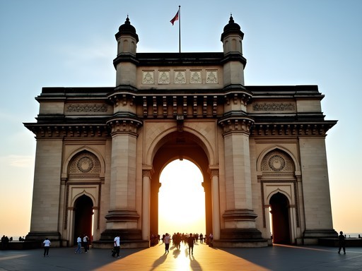 Gateway of India at sunrise with geometric shadow patterns