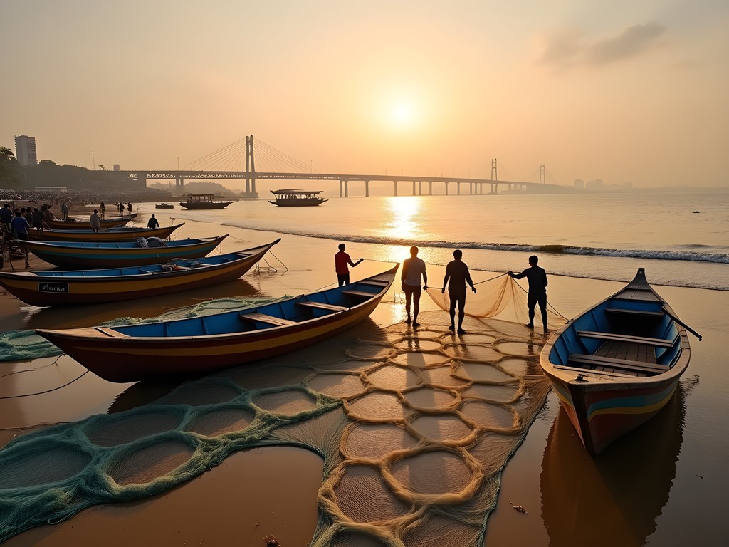 Worli fishing village at dawn with boats and nets