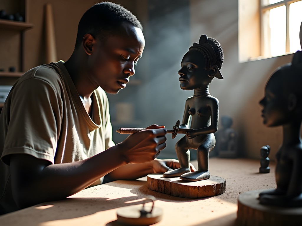 Makonde sculptor creating traditional ebony artwork in Nampula
