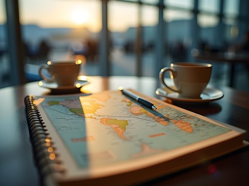 Benjamin planning route connections during airport layover with maps and notebooks