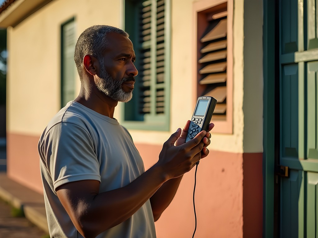Benjamin Sanchez recording weather data outside traditional Haitian building