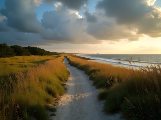 Panoramic view of Cuttyhunk Island coastline with walking path and ocean views