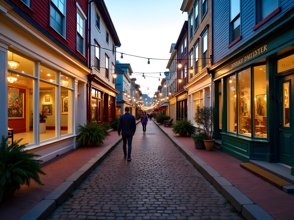 Cobblestone street in New Bedford's art district with historic buildings and galleries