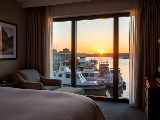 View from New Bedford Harbor Hotel room showing harbor with fishing boats at sunset