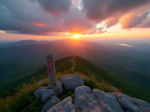 Sunrise view from Jay Peak summit showing mountains and Lake Memphremagog