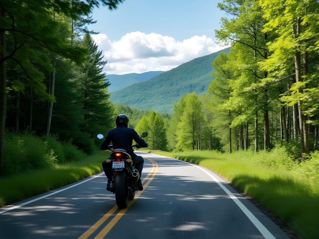 Adventure motorcycle on winding road through Vermont's Green Mountains near Newport