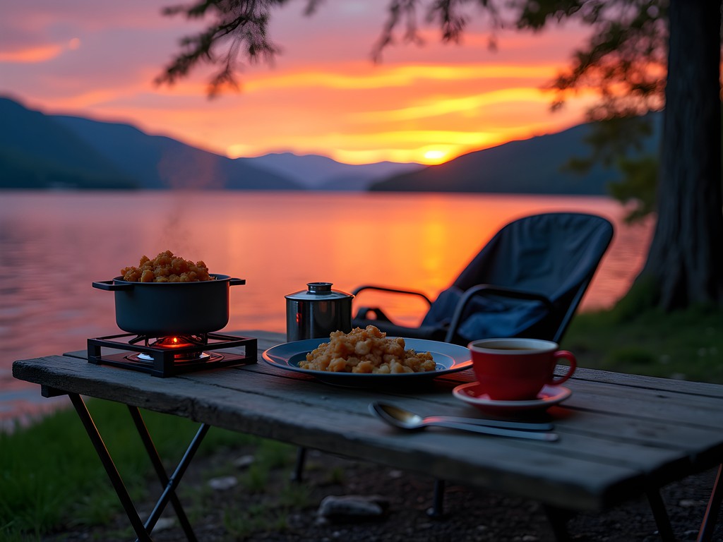 Campsite dinner setup with view of Lake Memphremagog sunset in Newport, Vermont