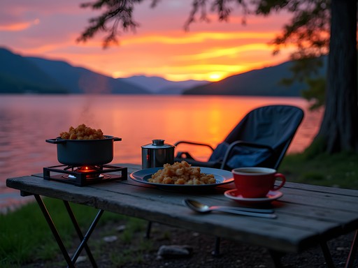 Campsite dinner setup with view of Lake Memphremagog sunset in Newport, Vermont