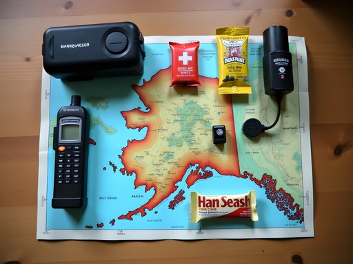 Essential safety gear for exploring Nome's wilderness laid out on a map