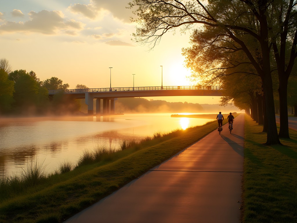 Arkansas River Trail at sunrise in North Little Rock with cyclists and joggers