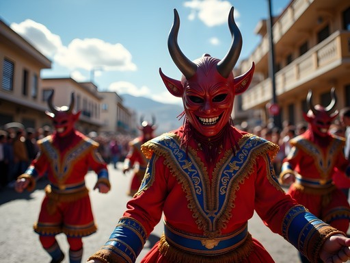 Vibrant Diablada dancers performing during Oruro Carnival