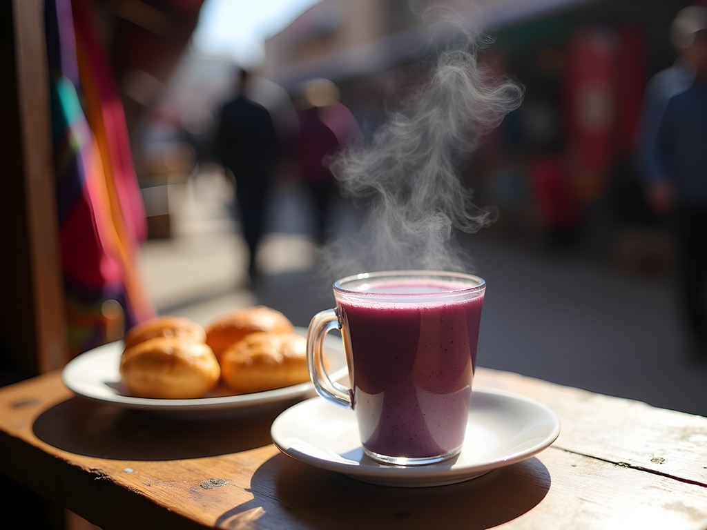 Traditional Bolivian api con pastel breakfast at Oruro market