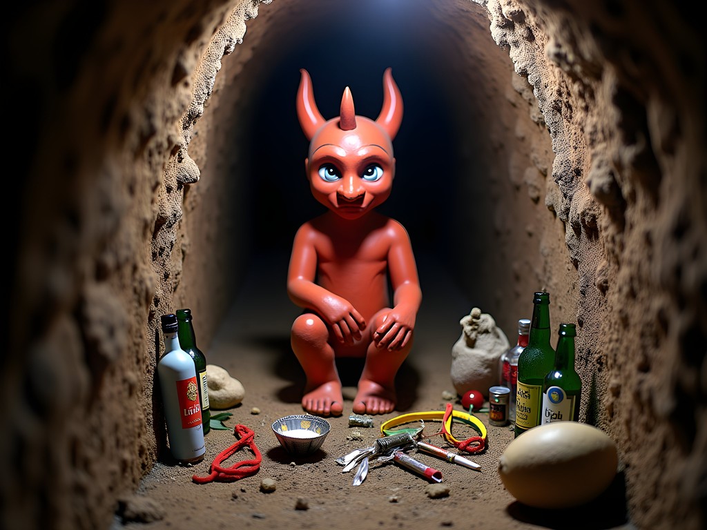 El Tío shrine in Oruro's mining museum with traditional offerings