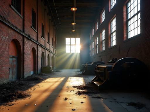 Atmospheric abandoned silk mills in Paterson with sunlight streaming through windows