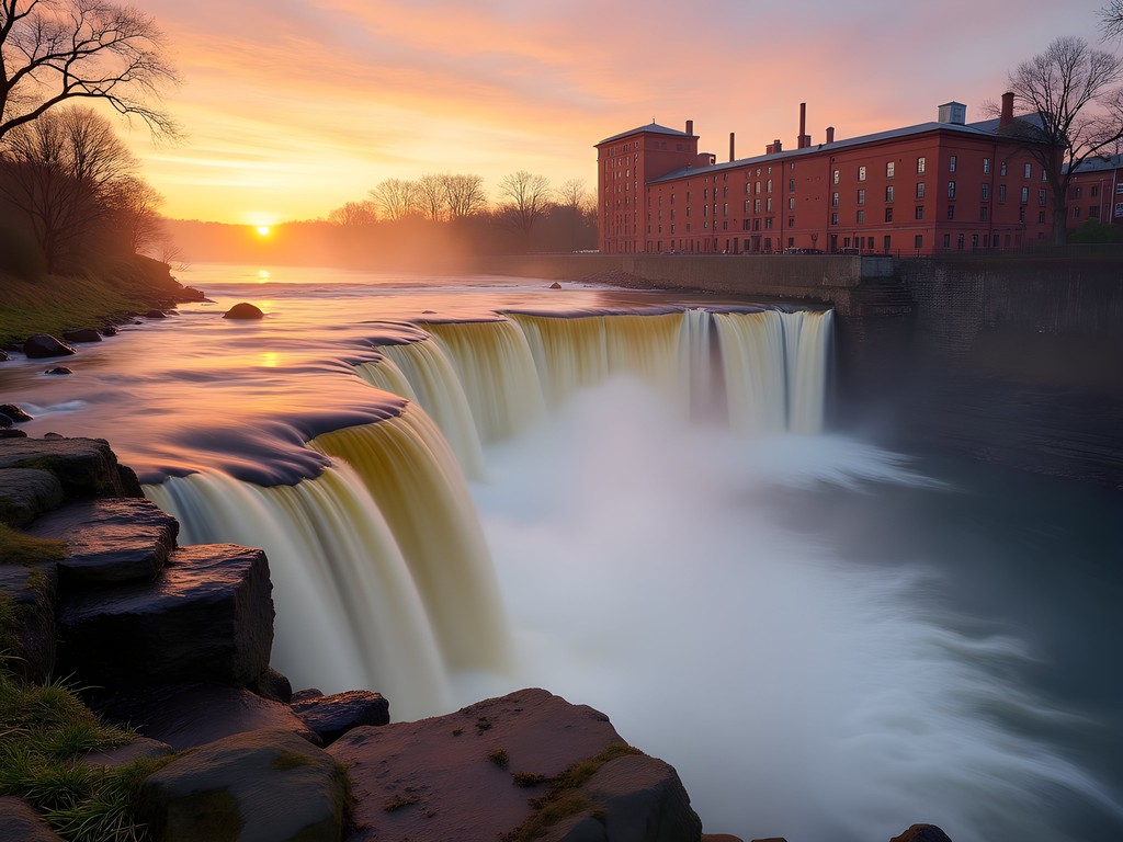 Dramatic Paterson Great Falls at sunrise with golden light and mist