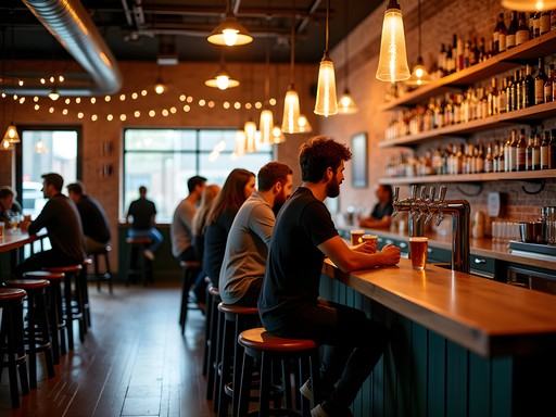 Interior of craft brewery taproom in Pawtucket Rhode Island with locals enjoying evening beers