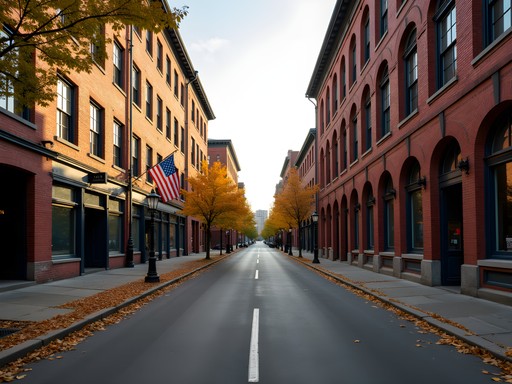 Historic brick mill buildings along Main Street in downtown Pawtucket Rhode Island during autumn