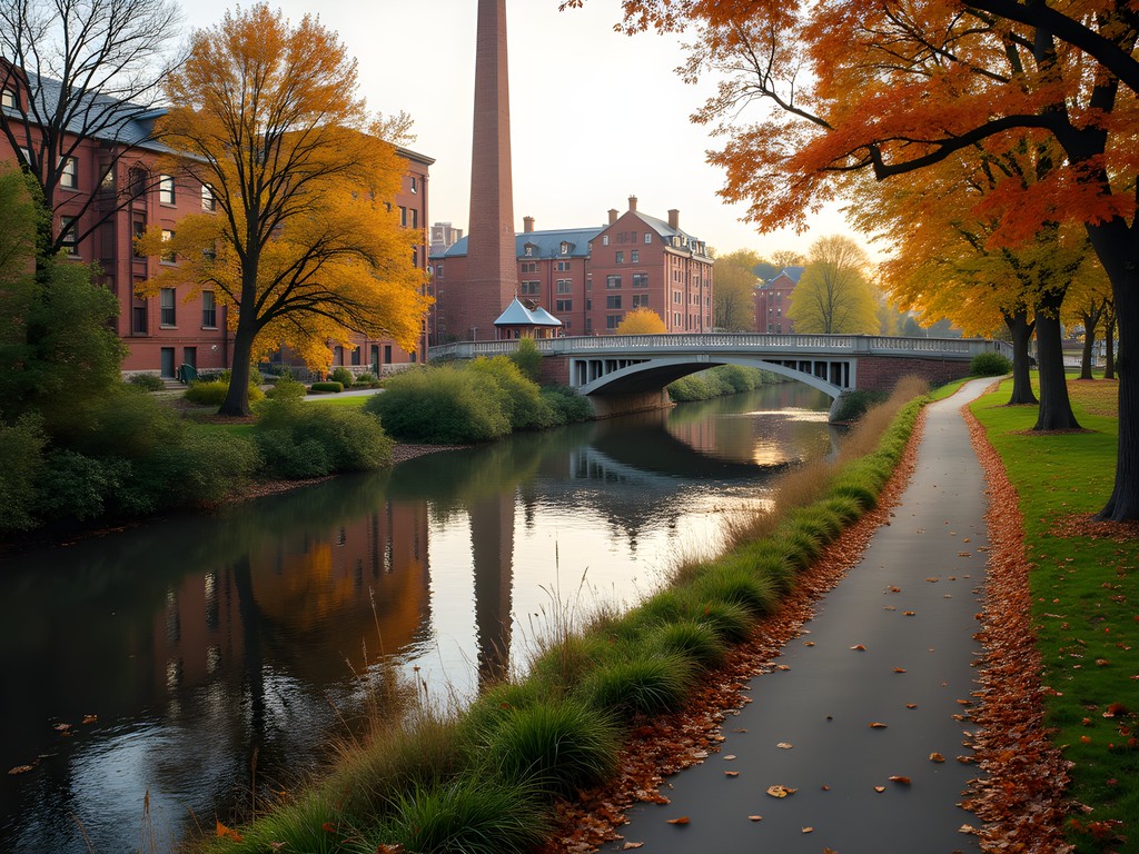 Scenic Blackstone River Bikeway with fall foliage