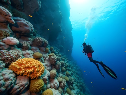 Diver exploring massive coral wall in Pemba's waters