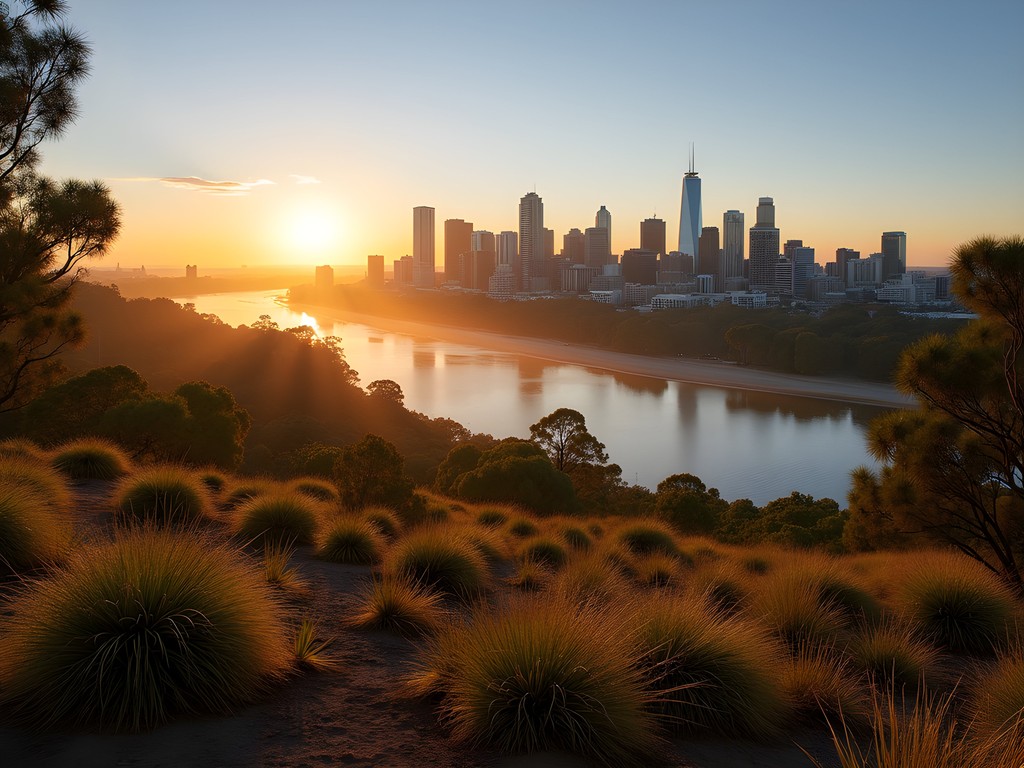 Sunrise view of Perth skyline from Kings Park with native botanical gardens in foreground
