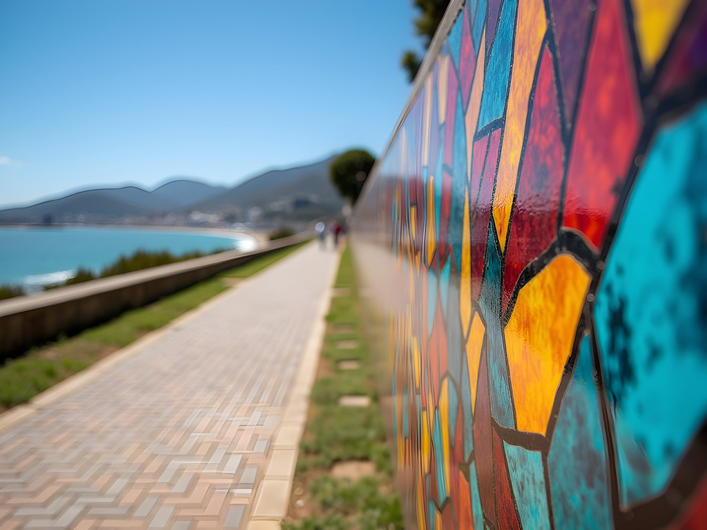 Colorful mosaic art installation along Route 67 in Port Elizabeth with city view