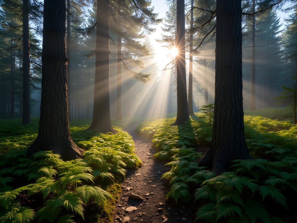 Sunlight filtering through pine trees on coastal forest trail in Maine