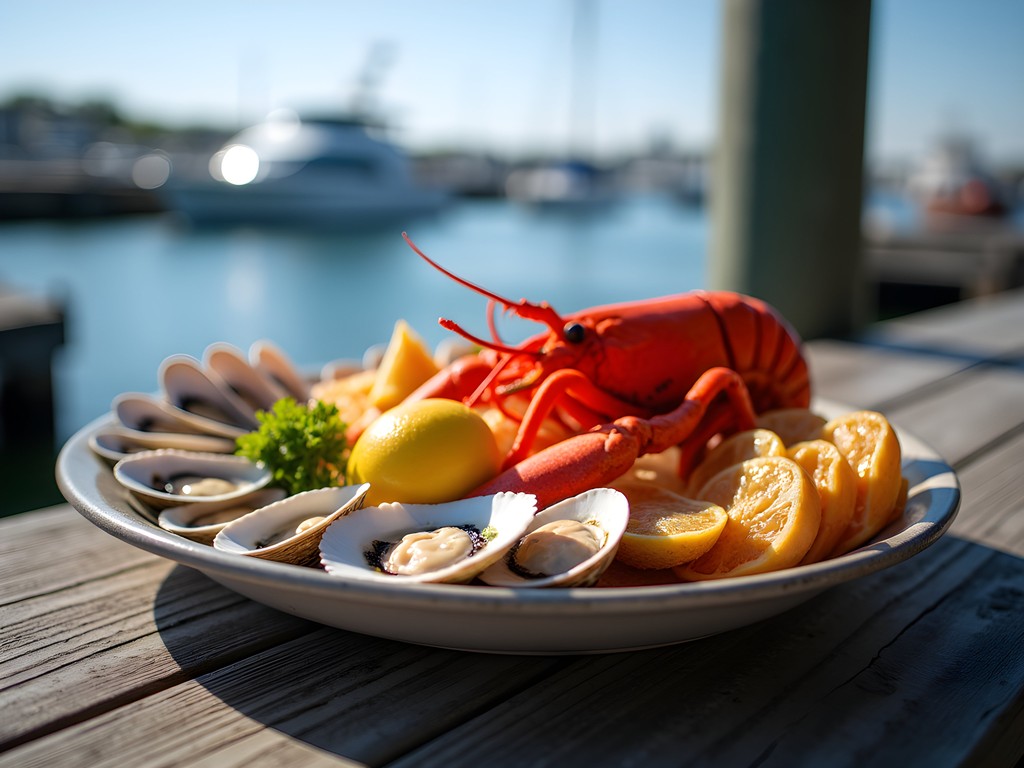 Fresh Maine seafood platter with harbor view in Portland
