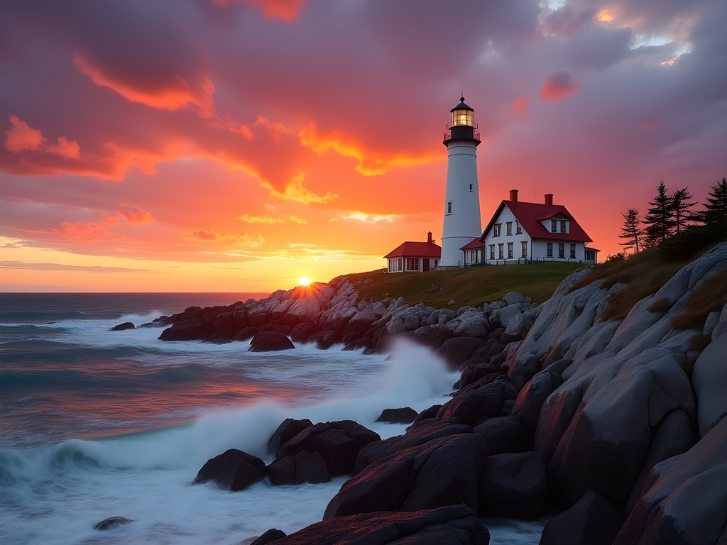 Portland Head Light lighthouse at sunset with dramatic coastal cliffs