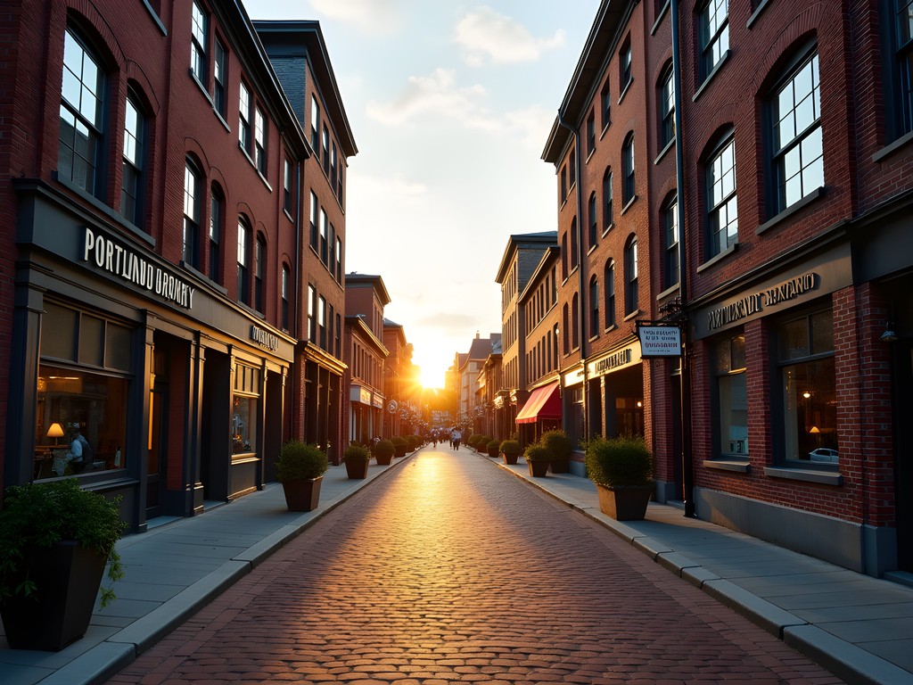 Cobblestone streets of Portland's Old Port district at sunrise with historic brick buildings