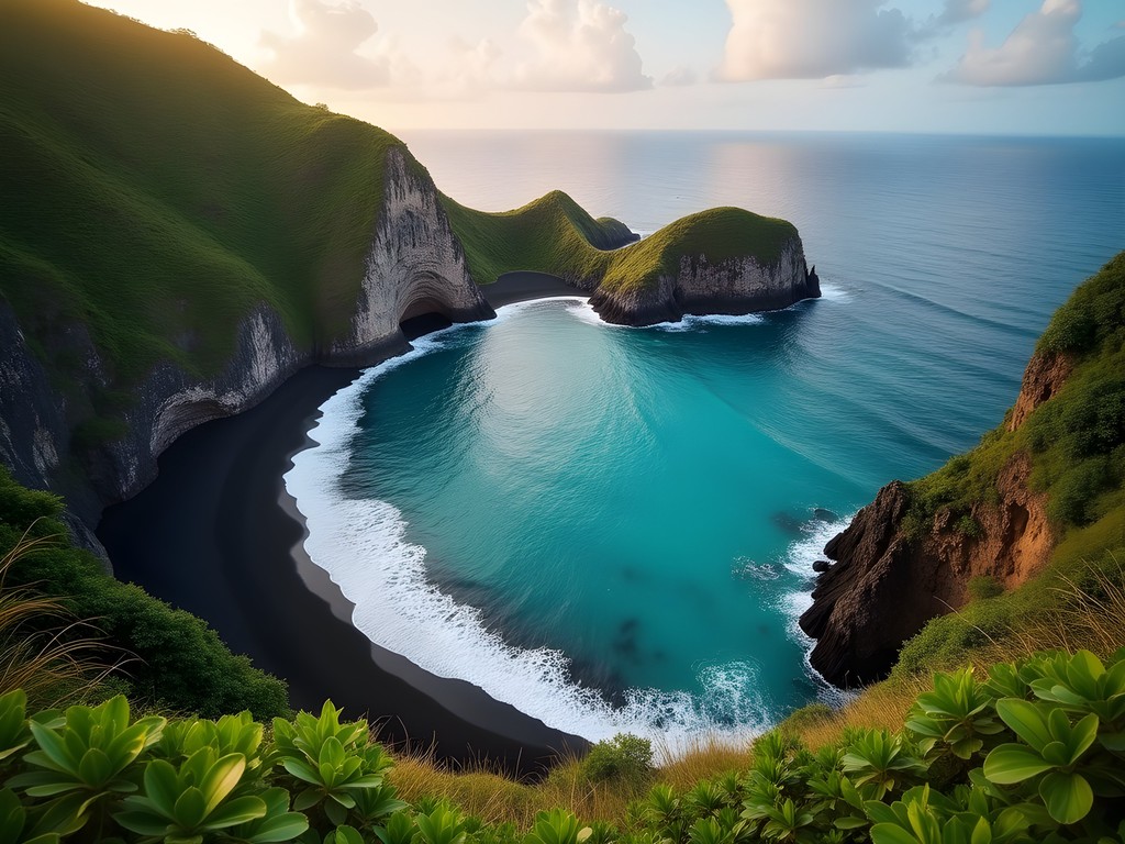 Secluded Secret Beach near Portsmouth, Dominica with volcanic rocks and turquoise water