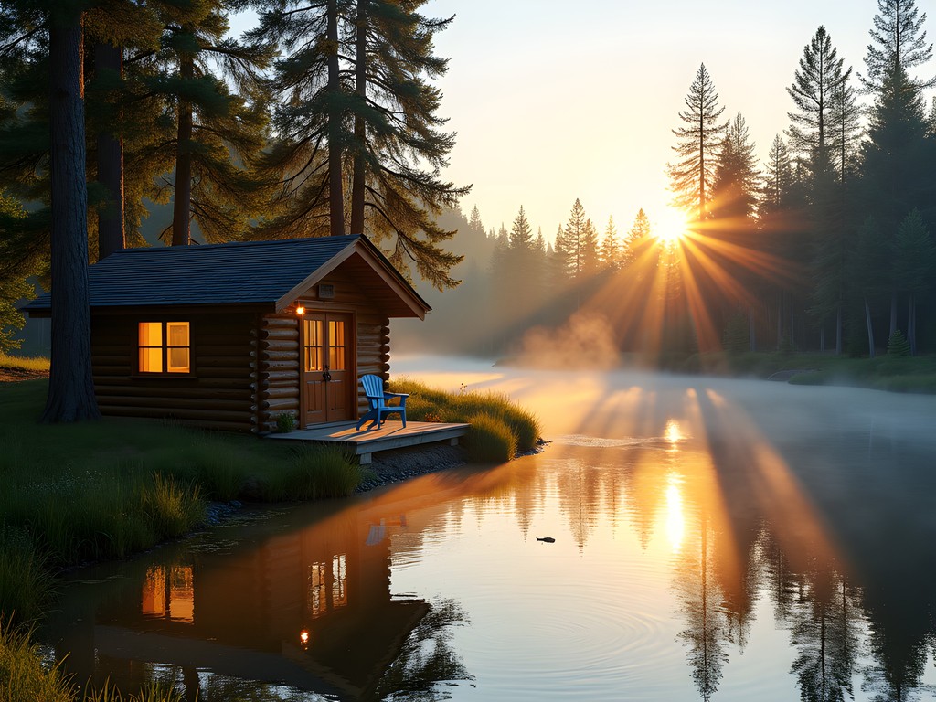 Cozy riverside cabin at sunrise in Post Falls, Idaho
