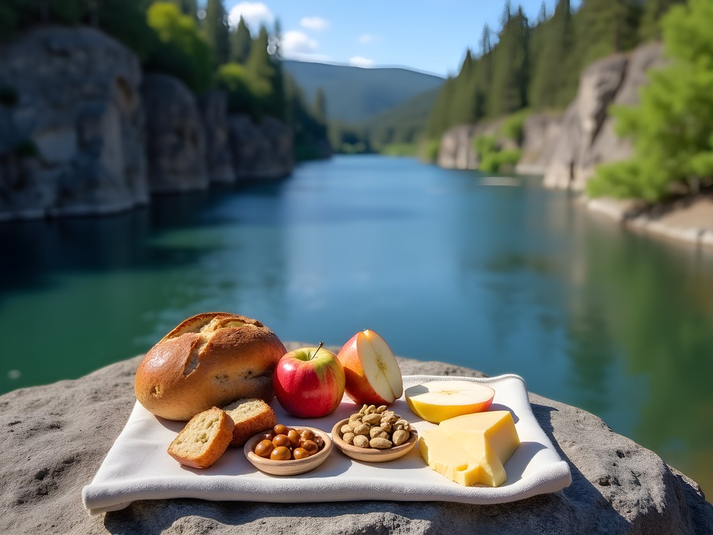 Solo traveler's riverside picnic in Post Falls Idaho with local food