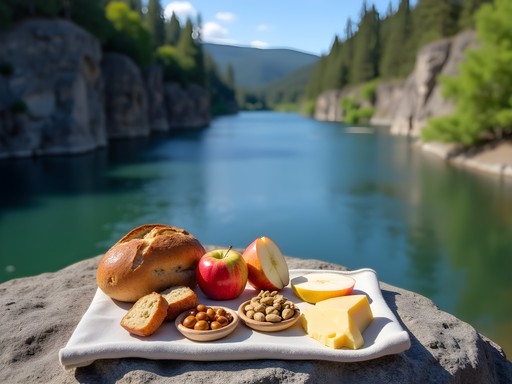 Solo traveler's riverside picnic in Post Falls Idaho with local food