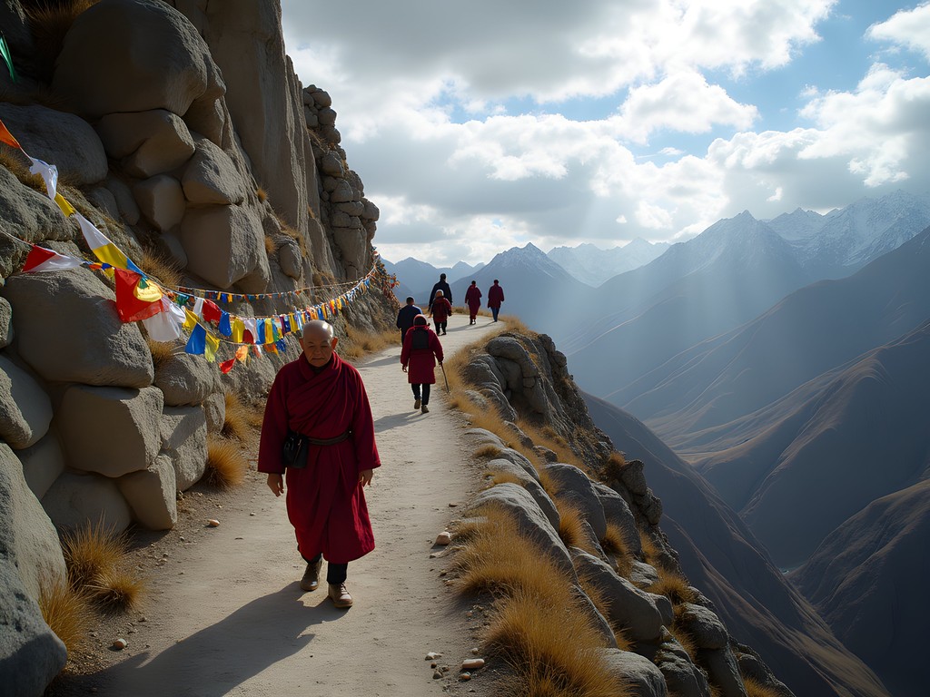Elderly Tibetan pilgrims walking the Ganden Monastery kora path with prayer flags