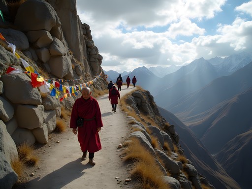 Elderly Tibetan pilgrims walking the Ganden Monastery kora path with prayer flags