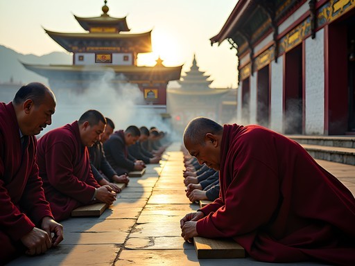 Tibetan pilgrims prostrating before Jokhang Temple at dawn