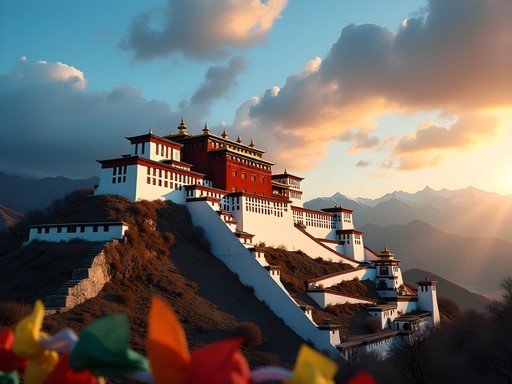 Potala Palace at sunrise with prayer flags in foreground