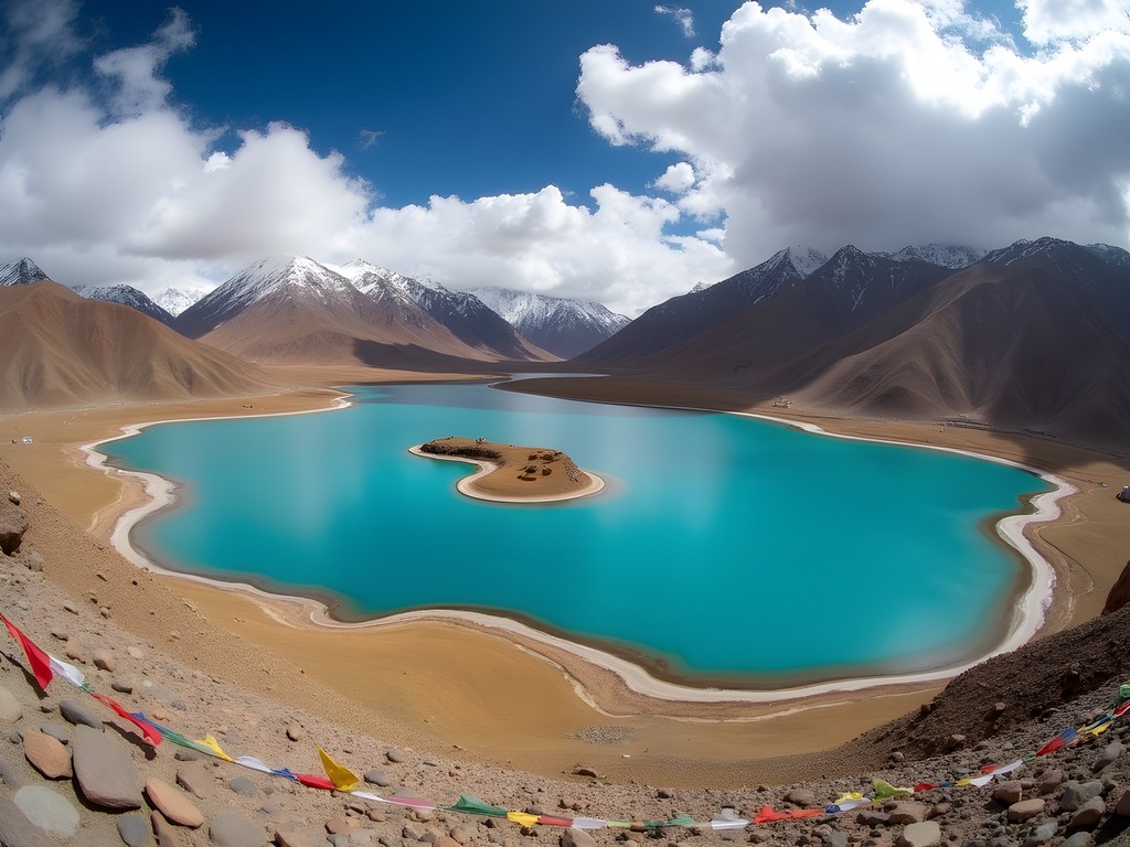 Turquoise waters of sacred Yamdrok Lake with prayer flags and distant mountains